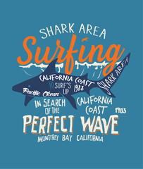 Wall Mural - Surf and shark text with the waves view illustration, for t-shirt prints, posters and other uses.