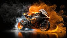  A Motorcycle With A Lot Of Orange And Yellow Smoke Coming Out Of It's Back End And A Black Background With A Reflection Of The Bike On The Ground. Generative AI