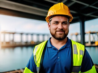 Man wearing hard hat on a construction site. Made with Generative AI.	