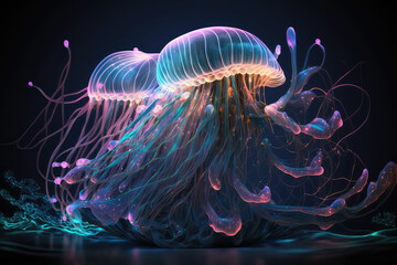 Neon jellyfish in the sea deep blue water. Abstract fantasy jellyfish on a dark background. 3D illustration. (ai generated)