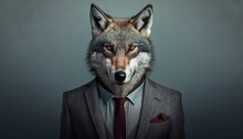 Portrait Of A Gray Wolf In A Business Suit Ready For Action. GENERATED AI.
