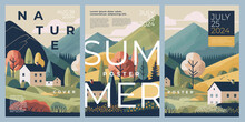 Summer Nature Poster, Cover, Card, Banner, Label Set With European Rural Landscape With Houses, Mountains And Hills, Trees, Flowers, Grass. Modern Art, Minimalist Design With Typography. Flat Design.