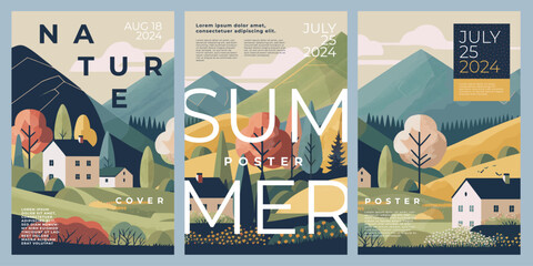 Wall Mural - Summer nature poster, cover, card, banner, label set with european rural landscape with houses, mountains and hills, trees, flowers, grass. Modern art, minimalist design with typography. flat design.