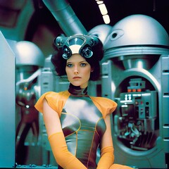 Wall Mural - Portrait of a fantasy cyberpunk girl. High-tech futuristic woman from the future. The concept of virtual reality and cyberpunk. Generative AI Art.