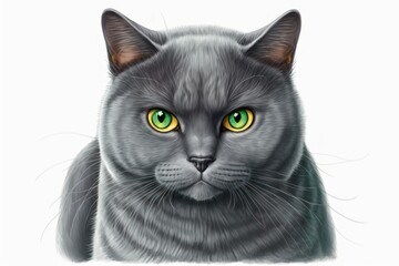 Wall Mural - A gray cat with emerald eyes has a sweet expression. Vertical shot with a white background. Generative AI