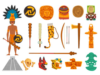 Wall Mural - Maya traditional symbols set. Ancient maya civilization cultural attributes cartoon vecto