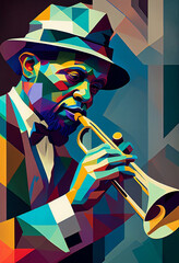 Afro-American male jazz musician trumpeter playing a brass trumpet in an abstract cubist style painting for a poster or flyer, computer Generative AI stock illustration