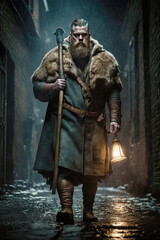 Wall Mural - Illustration of handsome strong and muscular Viking man with tattoo holding a weapon in a dark foggy alley. Historical Viking culture concept. Generative AI