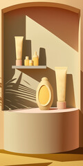 Sticker - Natural sunshade shadow on the wall, stone podium for packing and cosmetic presentation. Display of goods with a water and warm plaster effect. true to life. illustration. Generative AI