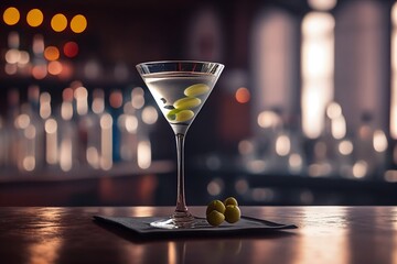 Chilled martini cocktail on a long bar with a few olives. Generative AI.