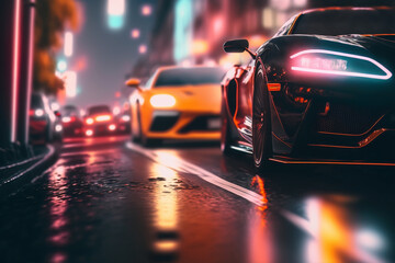 Wall Mural - Exotic fast racing cars driving in the city with neon lights. Generative AI