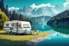 Camping With The Mountains Landscape In Summer. Photo AI