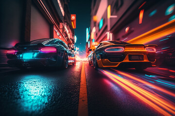 Wall Mural - Exotic fast racing cars driving in the city with neon lights. Generative AI