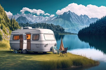 Camping with the Mountains Landscape in Summer. Photo AI