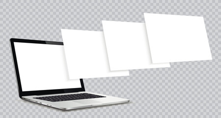 Laptop computer mockup with blank wireframing pages isolated on transparent background. Concept for showcasing web-design projects.