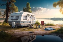 Camping On The Bay Of Lake. Photo AI