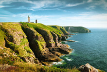 Panoramic View Of Scenic Coastal Landscape With Traditional Lighthouse At Famous Cap Frehel Peninsula On The Cote D'Emeraude, Commune Of Plevenon, Cotes-d'Armor, Bretagne, Northern France