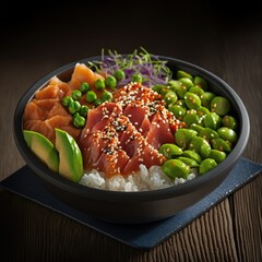 Salmon fresh poke with veggies on bowl ready for eat.