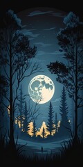 Poster - landscape at night with a full moon visible from the treetops. Generative AI