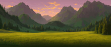 Panoramic View Of Big Mountains, Beautiful Green Meadows. Flat Cartoon Landscape With Nature. Summer Or Spring Landscape. Travel Posters. Natural Park Or Forest Outdoor Background With Mountains.