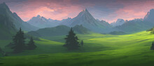 Panoramic View Of Big Mountains, Beautiful Green Meadows. Flat Cartoon Landscape With Nature. Summer Or Spring Landscape. Travel Posters. Natural Park Or Forest Outdoor Background With Mountains.
