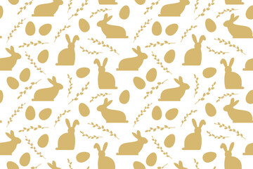 golden spring, Easter seamless pattern with catkins willow branches, eggs, bunnies icons - vector illustration