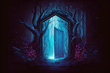 Sticker - Neon doorway in the misty forest, enchanting night. Generative AI