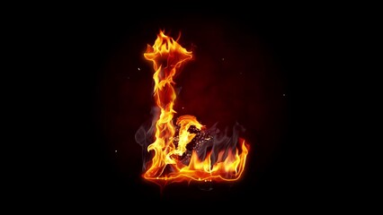 Wall Mural - Fire letter. Burning alphabet. Real flames, sparks and smoke in slow motion isolated on black background.