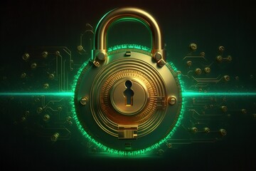 Super technological padlock with circuits, data security concept, background. Generative AI