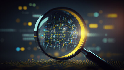 digital signs and symbols in a magnifying glass, the concept of searching for information, working with big data and finding errors in the code, created by a neural network, Generative AI technology