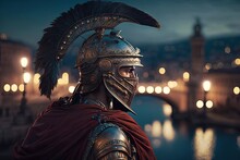 Roman Soldier In Armor, Greek City In The Background, Night Scene. Generative AI