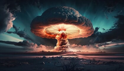 Wall Mural - Powerful explosion in shape of nuclear mushroom cloud