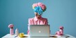 Creative Woman with colorful hairs using laptop while sitting at home office. Creative home office concept. Generative AI