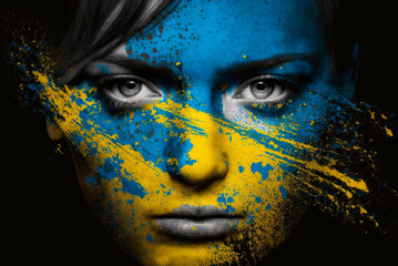 Poster - Woman with Ukrainian colors on her face. Generative AI