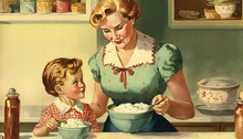 1950s Kitchen Scene. Happy Mother And Child Cooking A Meal. Vintage Style Illustration Good For Poster, Wallpaper, Promotion. Made With Generative AI.
