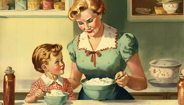 1950s kitchen scene. happy mother and child cooking a meal. vintage style illustration good for post