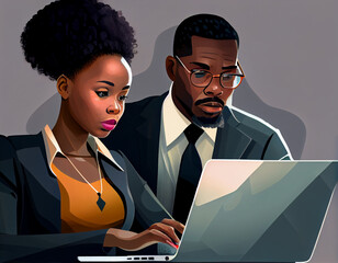 African American colleague advising another on how use a laptop computer, ultra modern office, woman, creative jobs	
