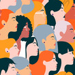 © Gaby.Art - Día internacional de la mujer. 8 de Marzo. Ilustración minimalista de mujeres de diferentes etnias. Patrón sin fisura, 300 dpi