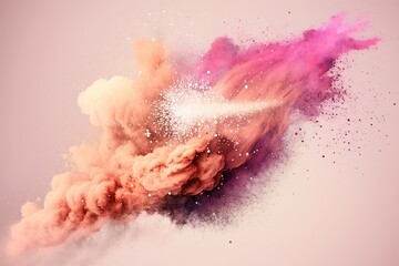 Wall Mural - pink and peace smoke with shiny glitter particles abstract, background in peach, ai