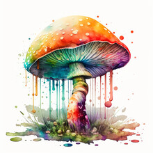 Watercolor Mushroom, Colorful Painting. Rainbow Illustration. Created With Generative AI Technology.
