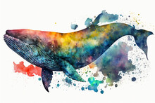 Watercolor Whale On White Background, Colorful Painting. Realistic Sea Animal Illustration. Created With Generative AI.