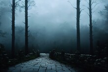 Old Stone Road Leading Into A Dark And Ominous Forest At Dusk. Generative AI