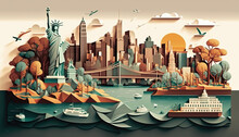 New York City. Big City. Statue Of Liberty. Landscape Illustration. Multi Layers, Paper-like. Generative AI.