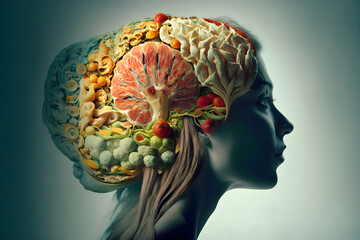 Woman brain Generative AI. Healthy diet concept. Fresh vegetables in woman head symbolizing health nutrition. Health in your brain.