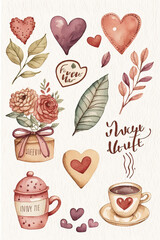 Wall Mural - Cute illustrations in Water color of sweet emotes and objects, hearts and flowers, love card for valentine ,Generative AI