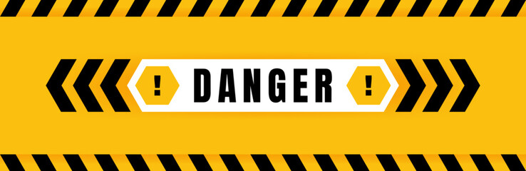 Danger badge placed on yellow background with black and yellow line striped. Attention label with exclamation mark on hexagon. Vector illustration