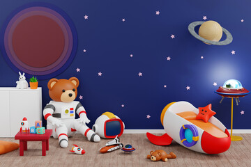 Baby kid room wall decoration rocket planet space adventure, doll and toy, nursery children room, 3D rendering.