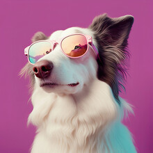 Fashion Dog In Sunglasses, Pink Background. Generative AI