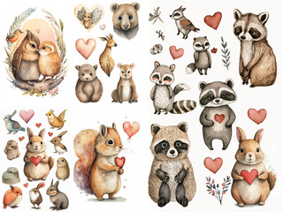 Set of animals  illustrations in Water color, raccoons and squirrels, hearts and flowers, love card for valentine ,Generative AI