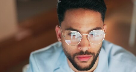 Canvas Print - Night, reflection and glasses of businessman at computer for software, web design and serious programming. Strategy, designer and coding with employee in office and overtime for cybersecurity network